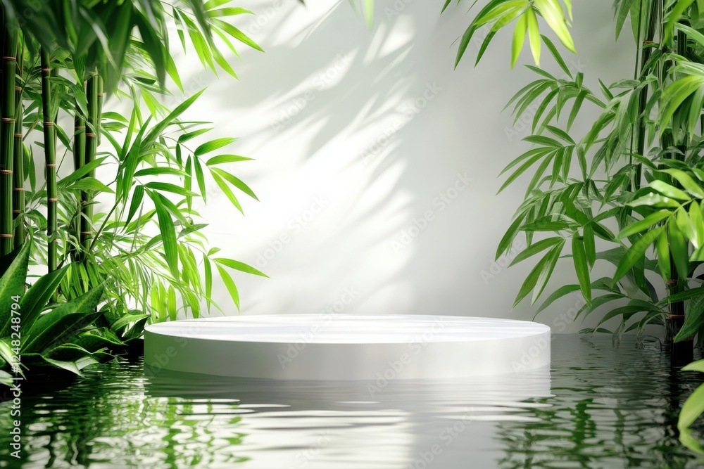 Serene Minimalist Platform Surrounded by Lush Green Bamboo Leaves in Still Water for Tranquil and Calming Background or Presentation Setting Serene Minimalist Platform Surrounded by Lush Green Bamboo Leaves in Still Water for Tranquil and Calming Background or Presentation Setting