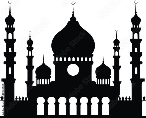 Black Silhouette Of Islamic Mosque On White Background