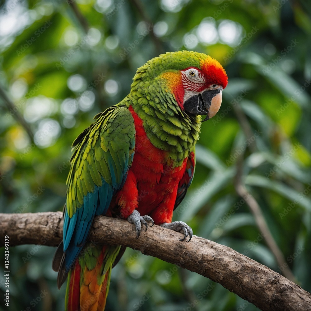 A macaw chick with rainbow feathers perched on a branch, with blurred jungle. A vibrant tropical parrot with multicolored feathers perched on a branch. A macaw chick with rainbow feathers perched on a branch, with blurred jungle. A vibrant tropical parrot with multicolored feathers perched on a branch.