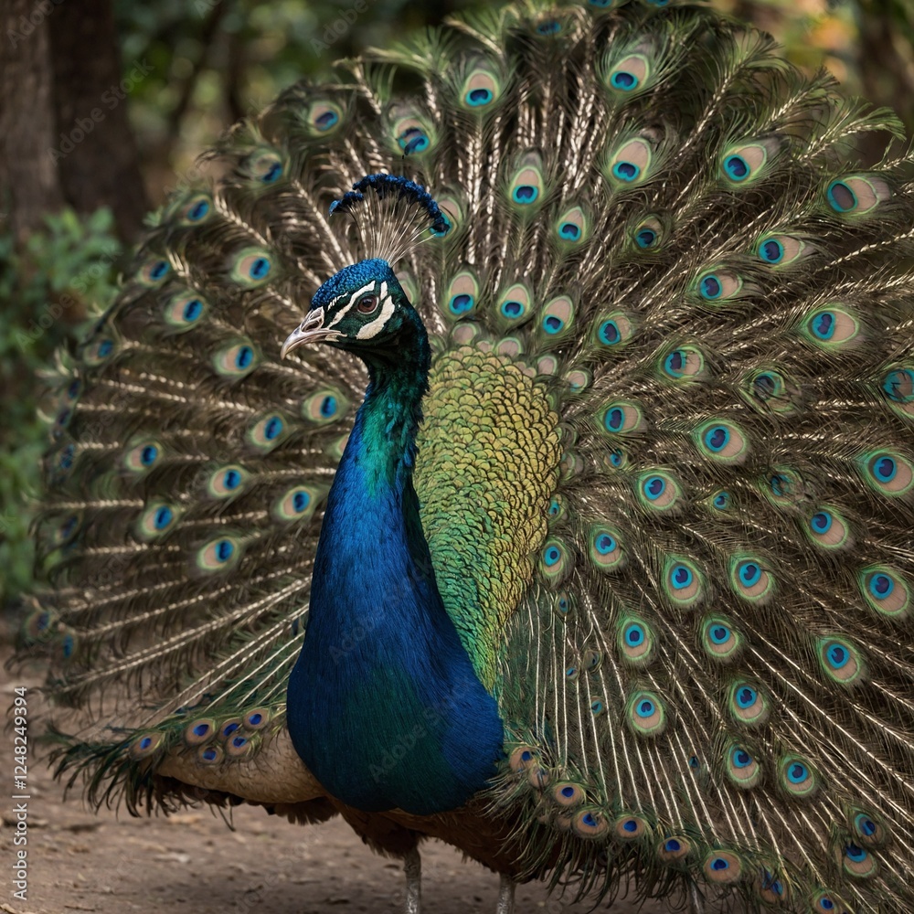 Obraz premium A majestic peacock with its feathers slightly fanned out on a white background Photograph a peacock displaying its feathers. peacock with feathers out up close and in full splendor. peacock with feath