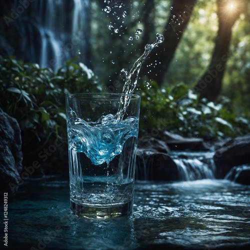 A whimsical fantasy scene of a vodka waterfall flowing into a magical glass.