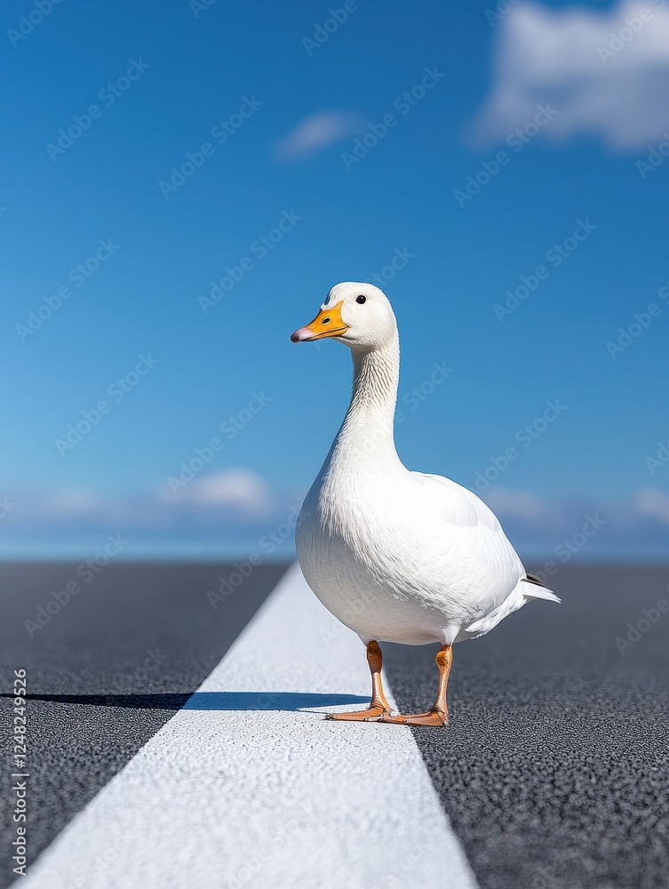 A white duck standing confidently on a road against a clear blue sky. A white duck standing confidently on a road against a clear blue sky.