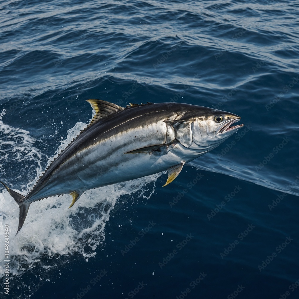 Fototapeta premium Fische - Eleganter Thunfisch in freier Wildbahn A beautiful bluefish swimming in a sea of white foam with blue waters. Tiger up close Fische - Eleganter Thunfisch in freier Wildbahn