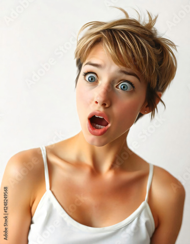 Wow. Beautiful female half-length front portrait isolated on gray studio backgroud. Young emotional surprised asian woman standing with open mouth. Human emotions, facial expression concept.