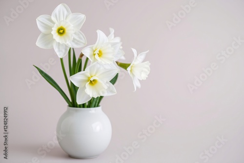 Elegant white daffodils in vase against a soft neutral background
