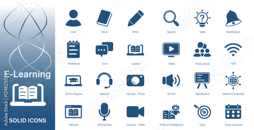 Solid vector icons on e-learning, digital education, learning technology, and schools.