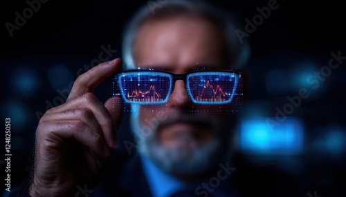 Businessman analyzing digital data through augmented reality glasses.