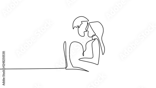 Continuous line drawing animation of couples hugging each other. Loving man and woman standing facing each other holding hands black isolated on white background. Romantic successful date
