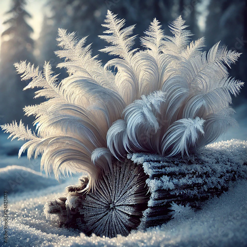 AI image - hair ice growing from a piece of tree trunk, with delicate, silky ice threads in a winter setting