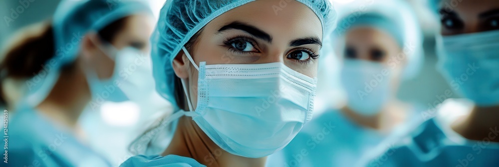 Close-Up of Female Medical Professional in Surgical Mask and Scrubs with Colleagues in Background in Hospital Environment