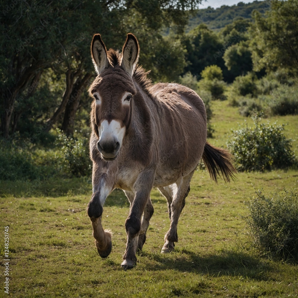 Fototapeta premium Bretagne-Esel, Eselrasse stock photography mule in a beautiful farm a donkey standing in a field A hinny, a crossbreed between a donkey and a horse, in the New Forest, England, UK. This heathland area