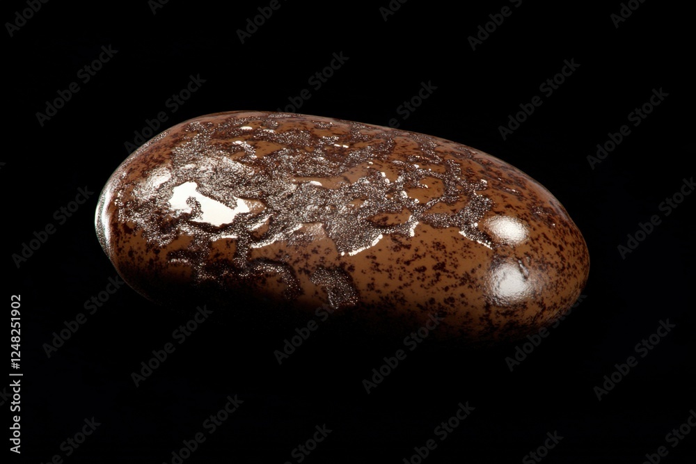 Naklejka premium Chocolate covered easter egg with dark specks on black background