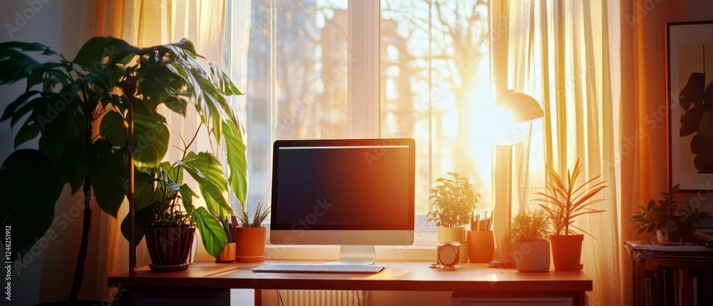 Cozy Home Office Setup with Green Plants and Soft Natural Light Streaming Through Curtains in Evening Time Cozy Home Office Setup with Green Plants and Soft Natural Light Streaming Through Curtains in Evening Time