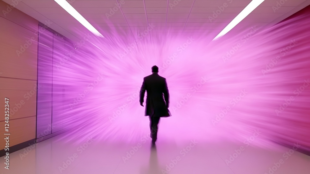 A man walks toward a bright blurred light at the end of a corridor creating a powerful visual metaphor for journeys and destinations A man walks toward a bright blurred light at the end of a corridor creating a powerful visual metaphor for journeys and destinations