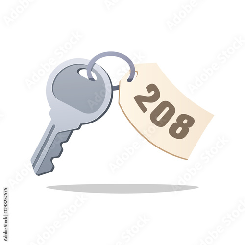 Hotel room key with number tag vector isolated on white background.