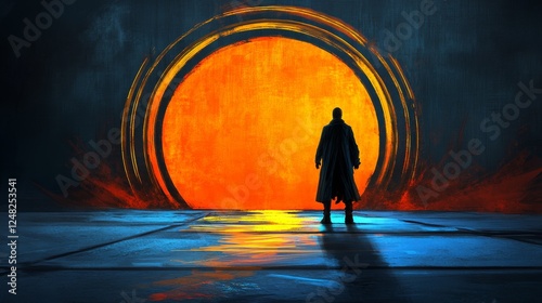 Mysterious figure stands before a luminous portal hinting at a journey through realms unknown a scene of wonder and the enigmatic