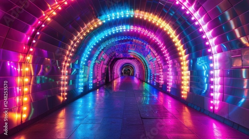 3D render of a futuristic tunnel with vibrant neon lights, creating a mesmerizing pathway of colors