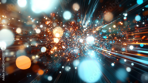 Dynamic abstract background featuring light bursts, glowing particles, and motion blur in space.