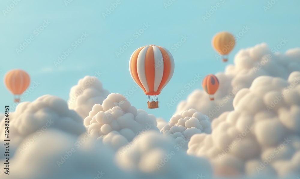 Obraz premium Hot air balloons float above fluffy clouds, a serene sky background; ideal for travel, adventure, freedom concepts