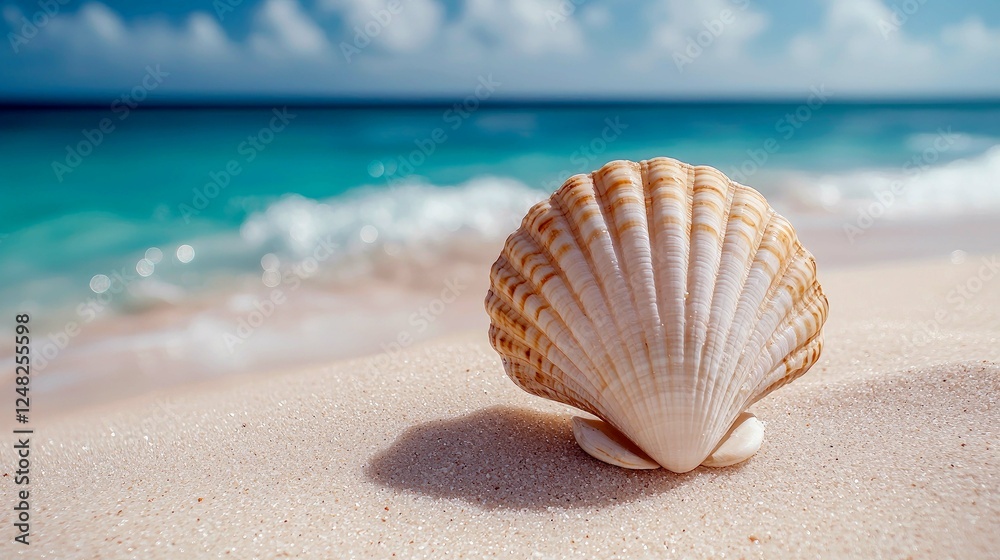 Seashell on Sandy Beach: Summer Vacation, Ocean Coast, Tropical Paradise, Serenity, Relaxation Seashell on Sandy Beach: Summer Vacation, Ocean Coast, Tropical Paradise, Serenity, Relaxation