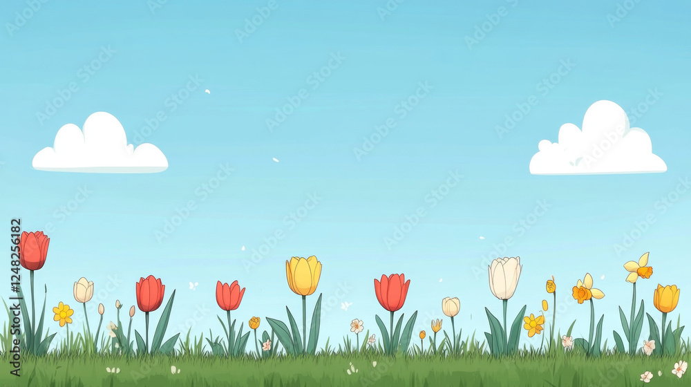 beautiful flower field with blooming tulips and daffodils under clear blue sky, creating serene and cheerful atmosphere beautiful flower field with blooming tulips and daffodils under clear blue sky, creating serene and cheerful atmosphere