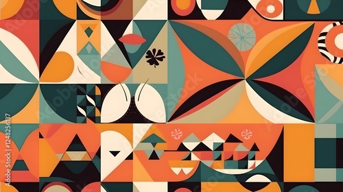 Colorful abstract geometric pattern, vibrant shapes and bold colors creating a lively artistic backdrop, perfect for creative projects.