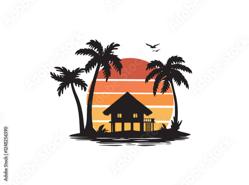 tropical landscape with palm trees, bungalows and ocean vector silhouette. tropical landscape against the backdrop of an orange sunset vector silhouette