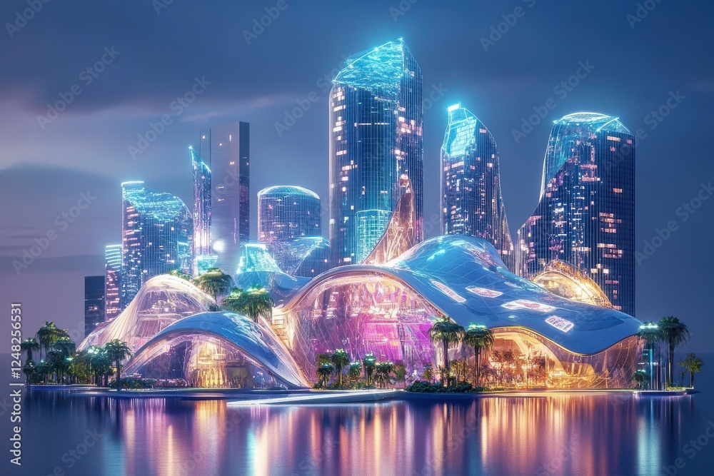 Fototapeta premium A futuristic cityscape featuring glowing skyscrapers and modern architecture, reflecting in calm waters at twilight.
