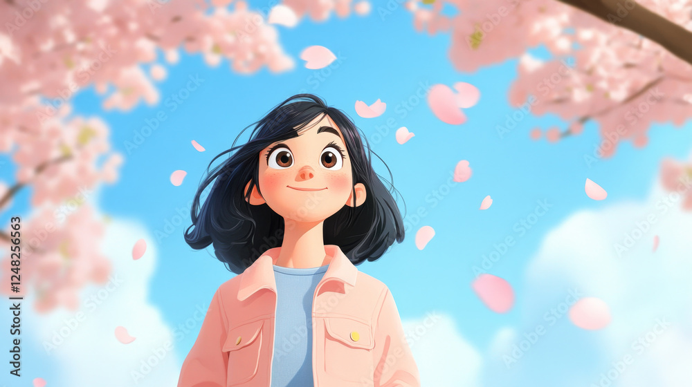 black haired anime girl in light pink jacket stands under cherry blossoms, looking up with joyful expression as petals fall around her black haired anime girl in light pink jacket stands under cherry blossoms, looking up with joyful expression as petals fall around her