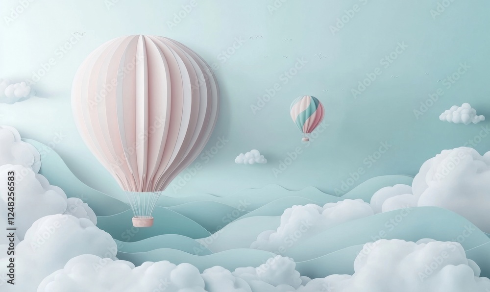Obraz premium Paper art hot air balloons fly over pastel cloudscape; whimsical travel illustration