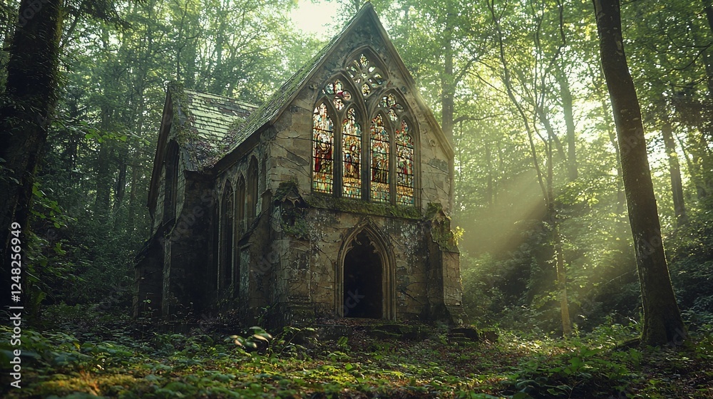 Mysterious old church hidden in a dense forest with stained glass windows at sunrise Mysterious old church hidden in a dense forest with stained glass windows at sunrise
