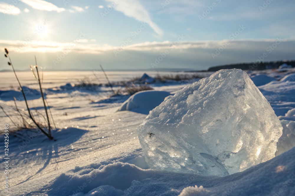 Obraz premium crystal clear ice block glistens in sunlight on snowy landscape