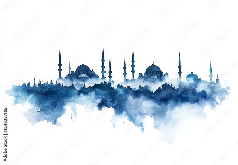 Obraz premium Watercolor Istanbul skyline with mosques in fog.
