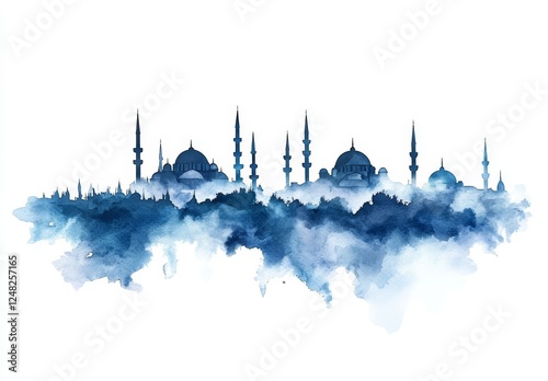Watercolor Istanbul skyline with mosques in fog.