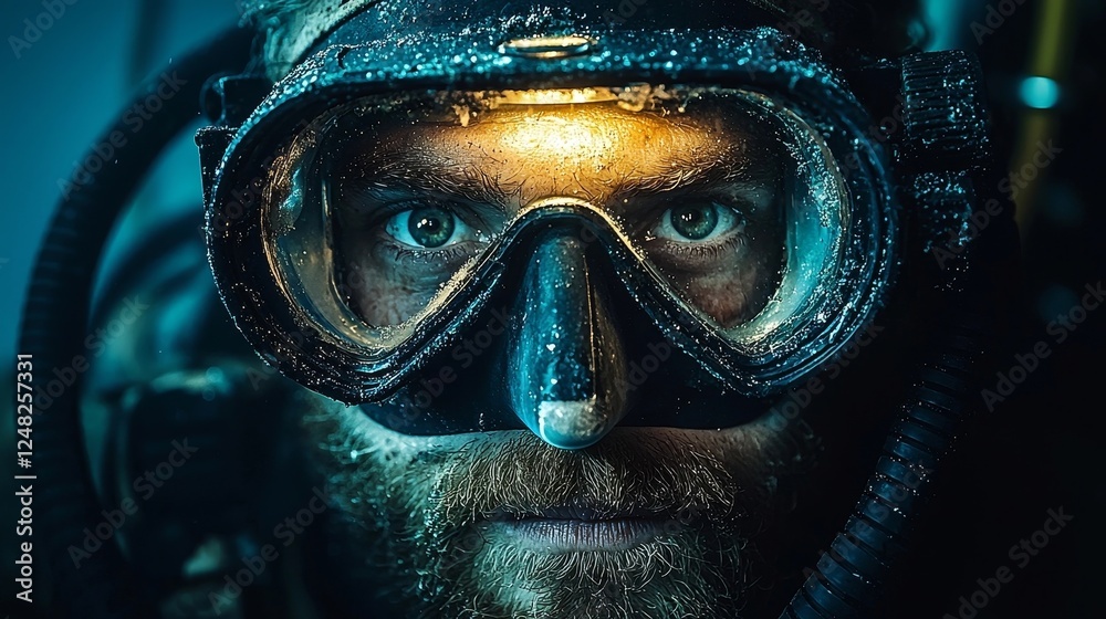 Underwater Adventurer Exploring Sunken Shipwreck with Headlamp Illumination Underwater Adventurer Exploring Sunken Shipwreck with Headlamp Illumination