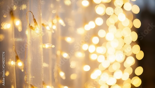 Warm golden bokeh lights strung on a textured surface.