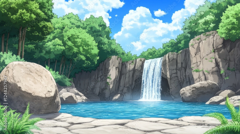 Fototapeta premium breathtaking anime landscape of lush forest with tranquil waterfall cascading into serene pool, surrounded by rocks and vibrant greenery under clear blue sky