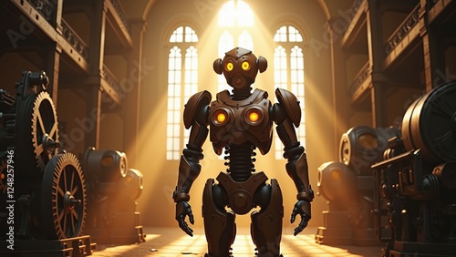 A steampunk robot with glowing yellow eyes and intricate mechanical details stands in a grand hall illuminated by sunlight streaming through large arched windows
