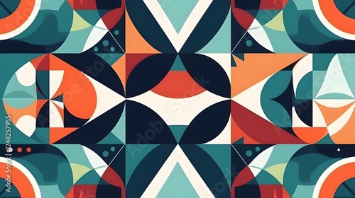 Colorful geometric pattern, vibrant shapes in teal, orange, and white, suitable for modern art projects or interior design.