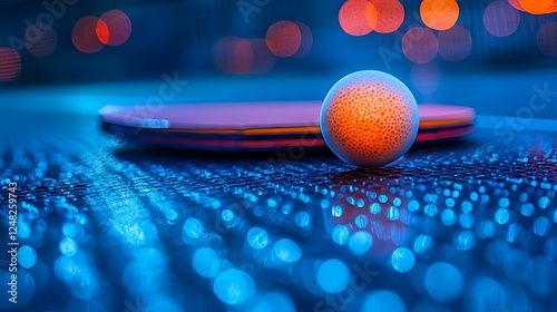 Nighttime ping pong paddle, ball, city bokeh photo