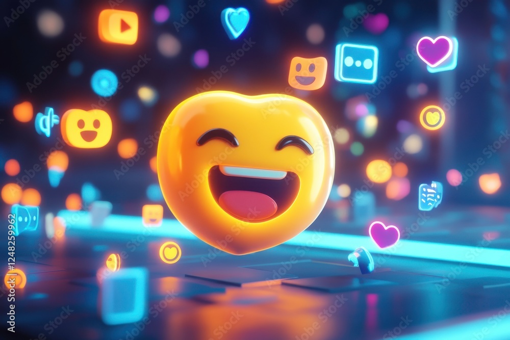 Fototapeta premium A cheerful, animated yellow heart emoji surrounded by colorful social media icons, conveying joy and connection in a digital world.