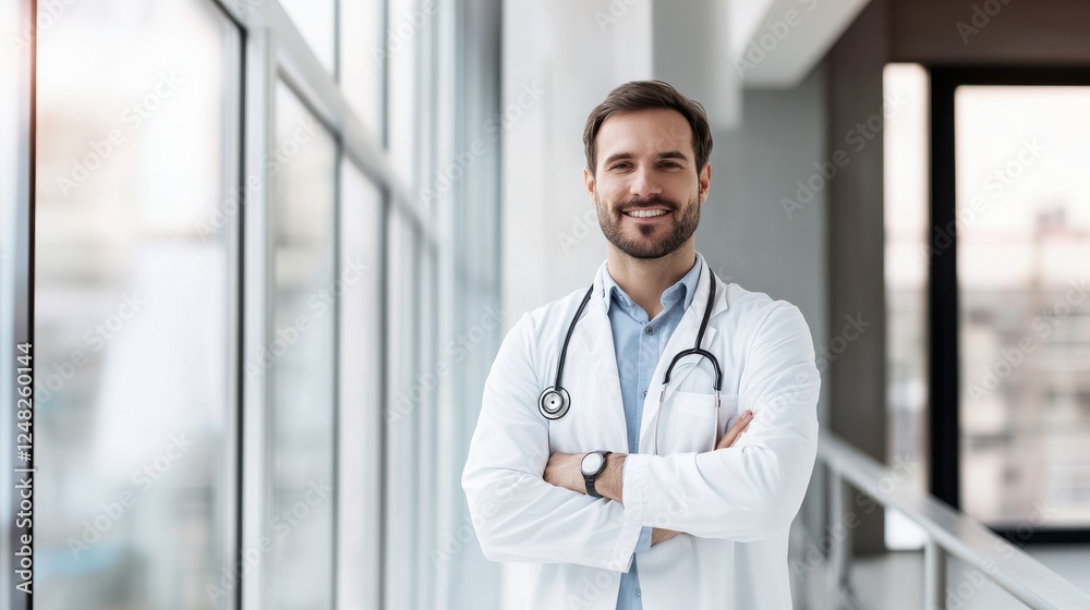 Happy Physician Man Smiling Looking Aside Posing With Stethoscope. Doctor's Portrait. Medical Concept Happy Physician Man Smiling Looking Aside Posing With Stethoscope. Doctor's Portrait. Medical Concept