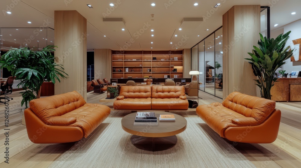 Fototapeta premium A modern, stylish lounge featuring orange sofas, a round coffee table, and green plants, creating a warm and inviting atmosphere.