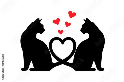 Silhouetted Cats Forming a Heart Shape With Floating Hearts in a Charming Design