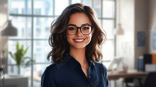 portrait of a confident woman with wavy dark brown hair, wearing a navy-blue blouse and black glasses. She is smiling warmly and standing in a modern 
