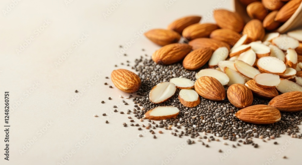 Almonds and chia seeds spilled on surface Almonds and chia seeds spilled on surface