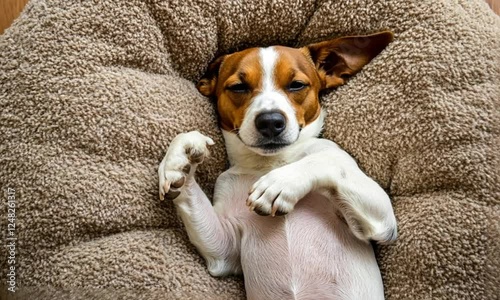 A small, tri-colored dog peacefully sleeps curled in a fluffy brown dog bed.