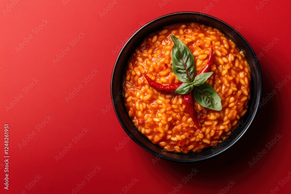 Bowl of spicy tomato risotto garnished with basil and peppers Bowl of spicy tomato risotto garnished with basil and peppers