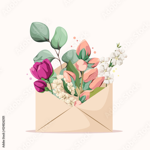 An envelope with flowers. A gentle greeting card. Vector illustration.