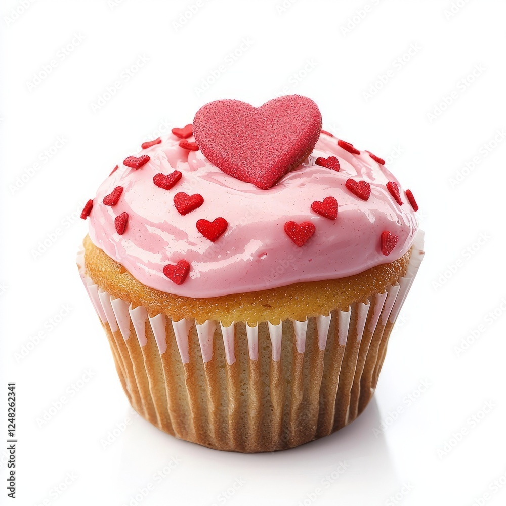 A simple vanilla cupcake with pink glaze and tiny red hearts, on isolated white background A simple vanilla cupcake with pink glaze and tiny red hearts, on isolated white background